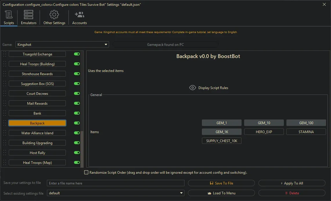 Kingshot Bot - Backpack