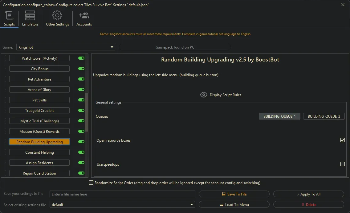 Kingshot Bot - Random Building Upgrading